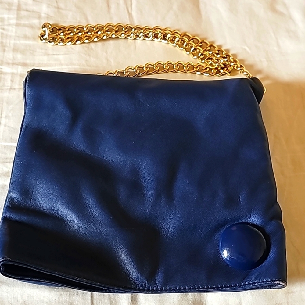 Vintage Perlina genuine leather purse, navy with gold chain strap